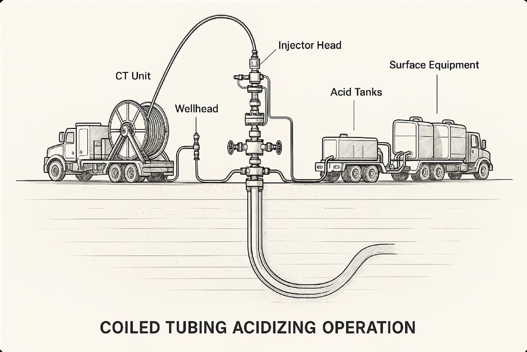 Coiled tubing acidizing operations in well stimulation showing equipment and process integration